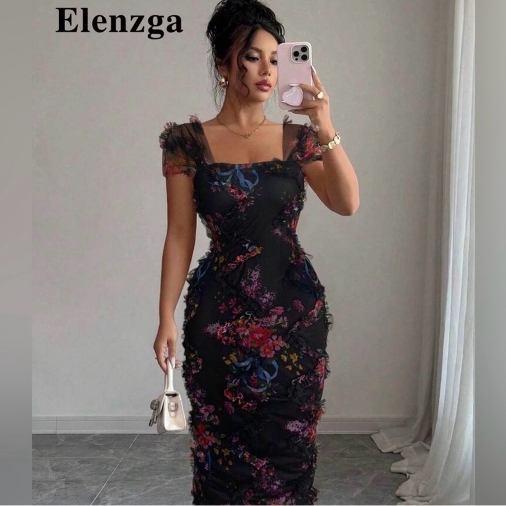 EUC Elenzga Black Floral Women's Midi Dress
